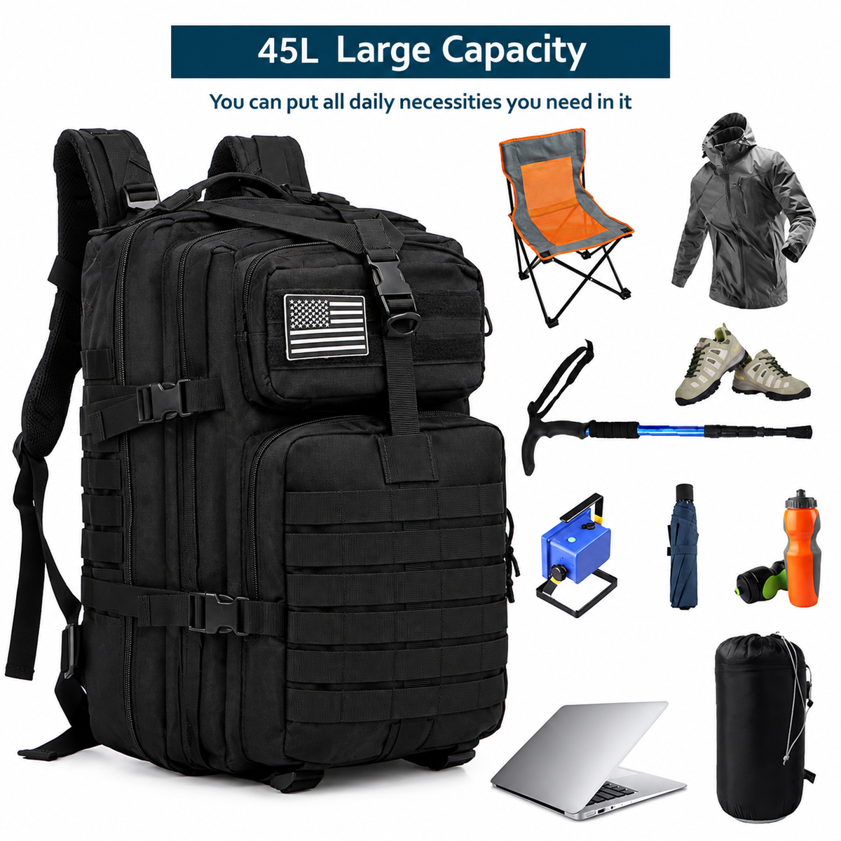 Sac à Dos Tactique Kaki Imperméable MOLLE 45L